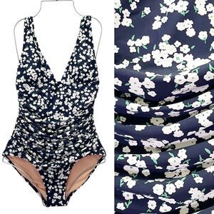 J. Crew Eco Ruched One Piece Swimsuit Navy Floral V-Neck Size 4 Little Blooms